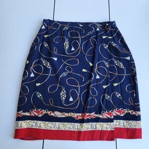 VTG CASUAL CORNER Women's Navy Blue Ropes Belts Print Wrap Skirt Lined Rayon 12